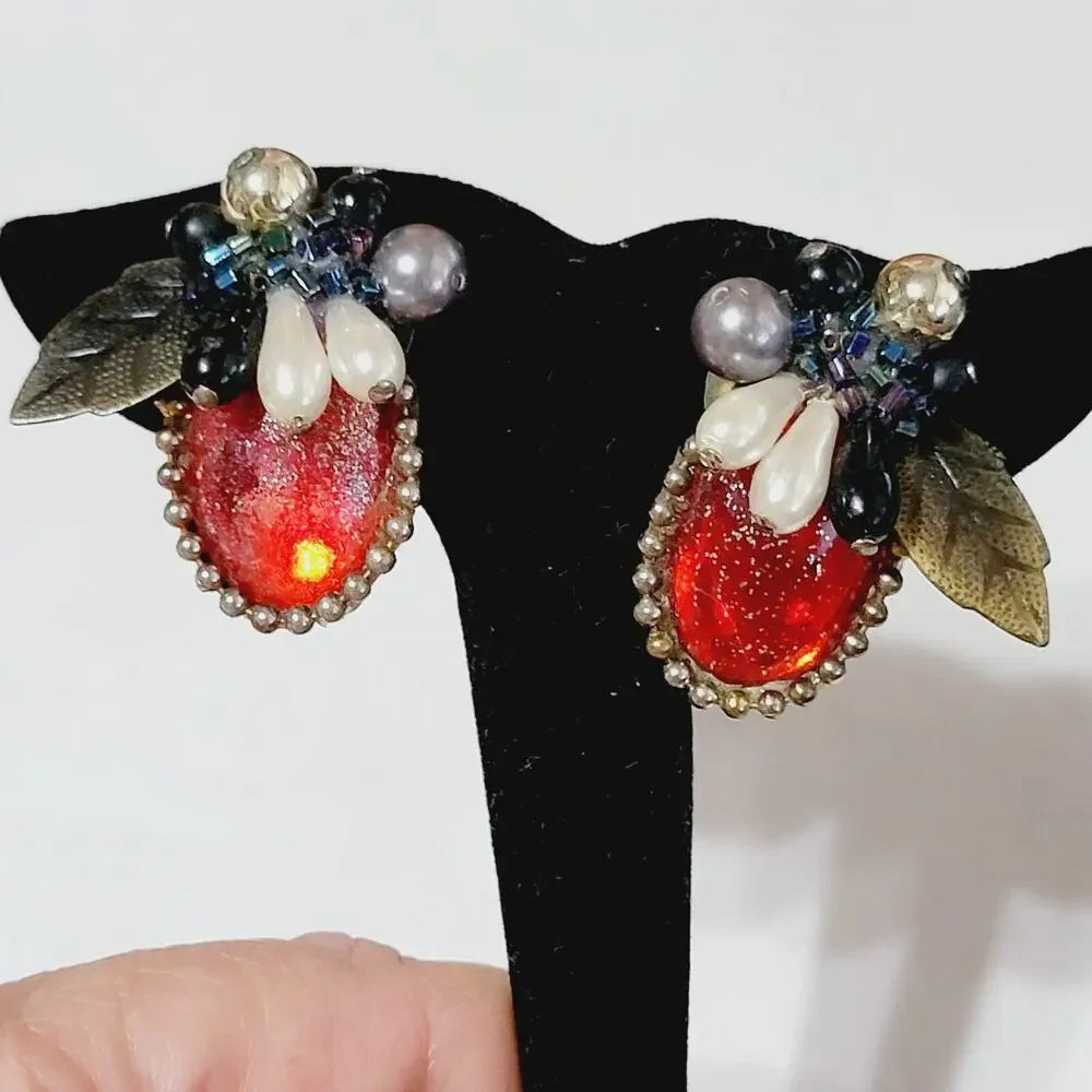 Vintage Statement Pierced Earrings, Red Lucite, 1.25